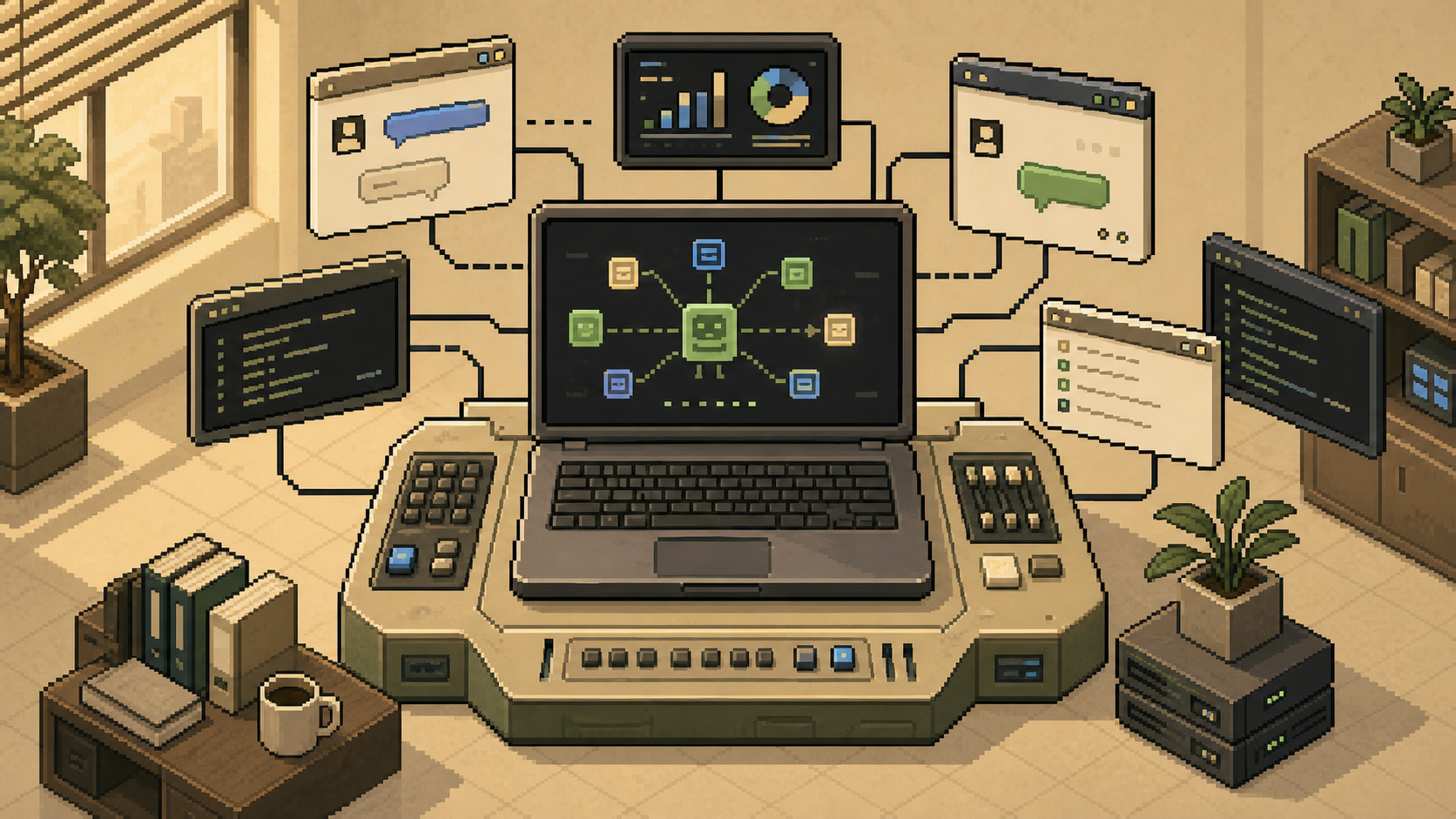 Retro pixel-art orchestration console connecting chat and coding agents