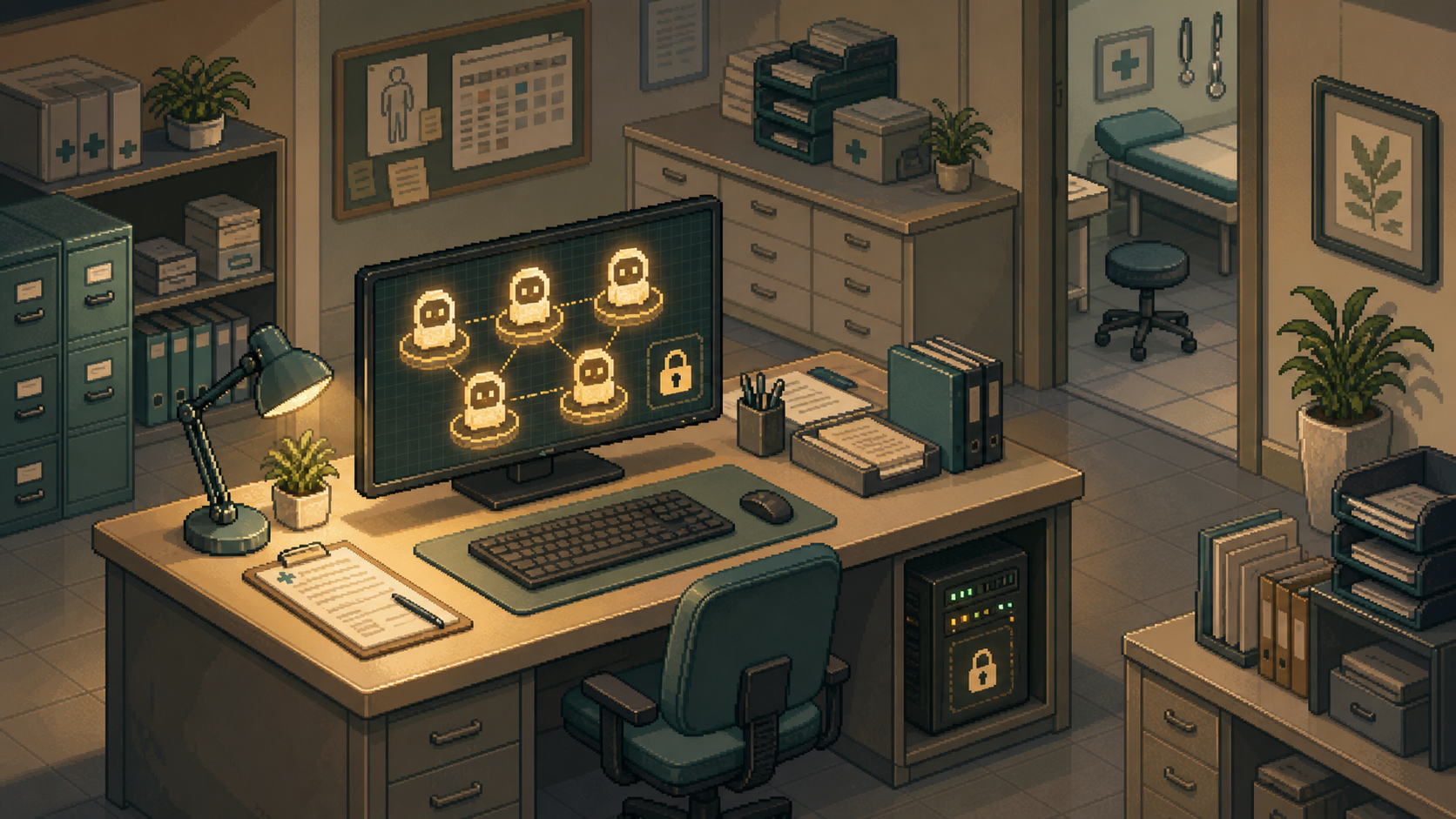 Retro pixel-art clinic back office running local AI workers