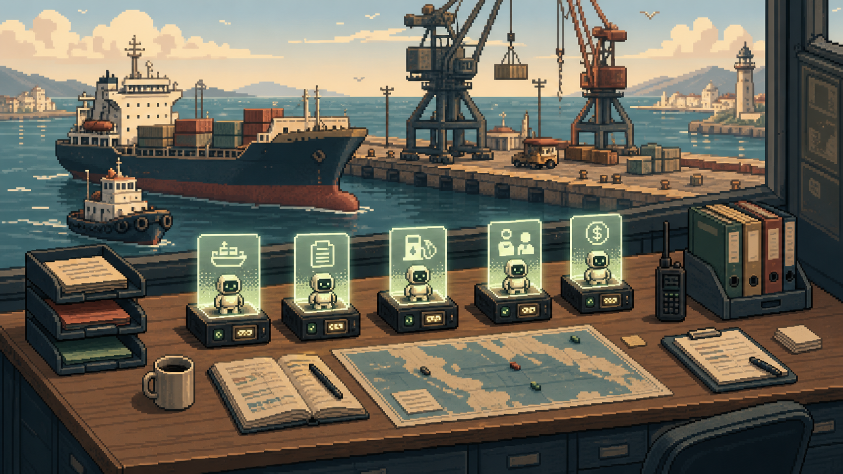 Retro pixel-art marine operations desk with AI workers at a dock