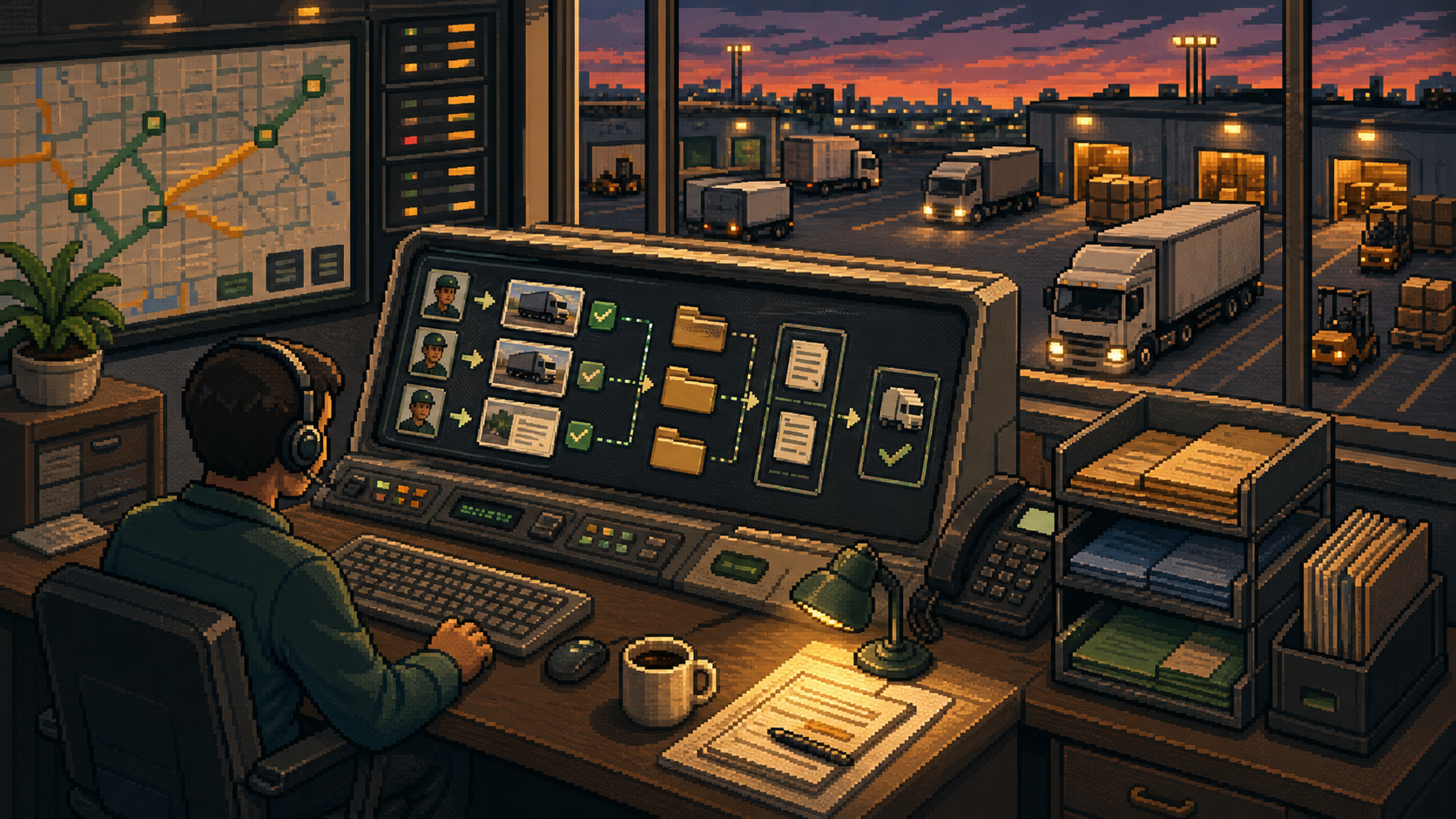 Retro pixel-art logistics dispatch desk automating proof-of-delivery follow-up