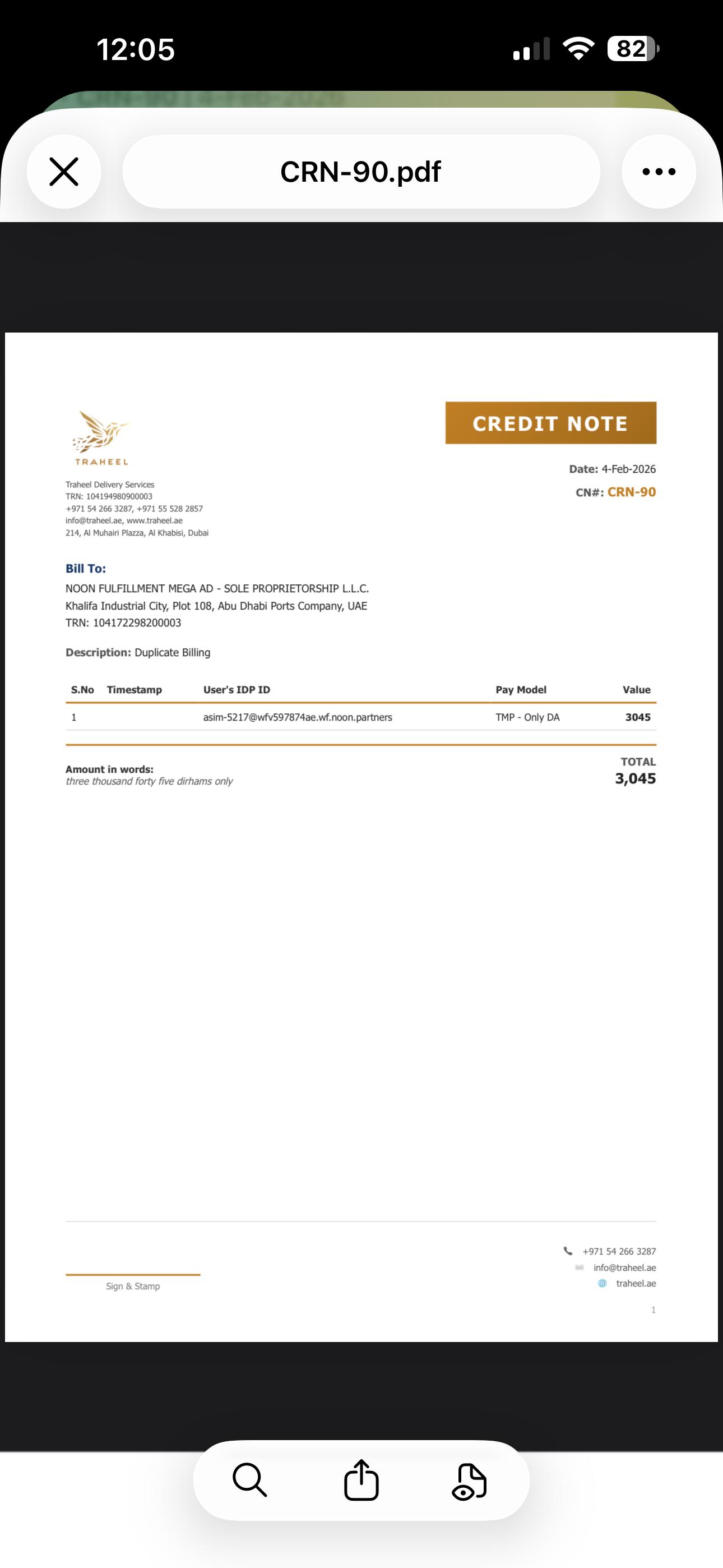 The generated credit note PDF: CRN-90, dated 4-Feb-2026, Traheel to Noon Fulfillment, total AED 3,045.