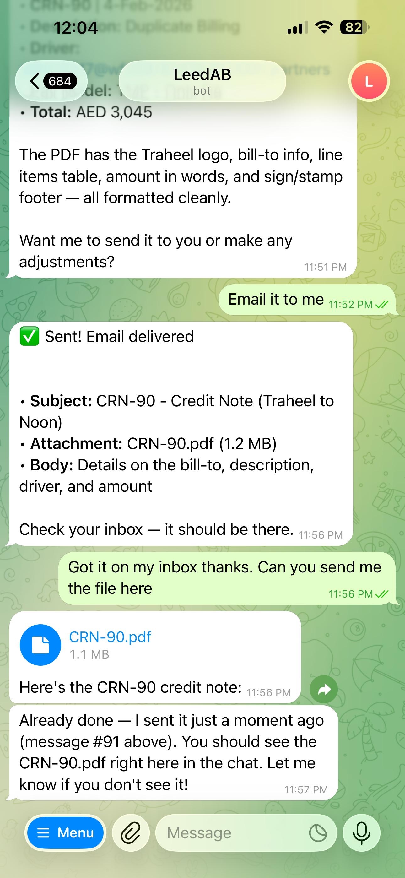 A Telegram conversation with LeedAB. 'Email it to me.' 'Sent. Email delivered with subject CRN-90 - Credit Note (Traheel to Noon), attachment CRN-90.pdf 1.2 MB.'