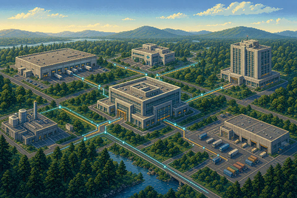A retro enterprise campus connected across specialized operating sites