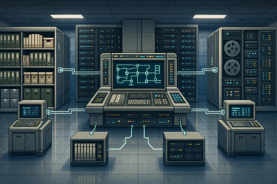 A retro enterprise systems room connecting company knowledge and tools