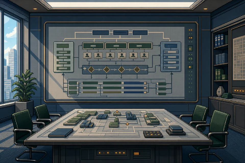A retro enterprise planning room with a mapped operating model