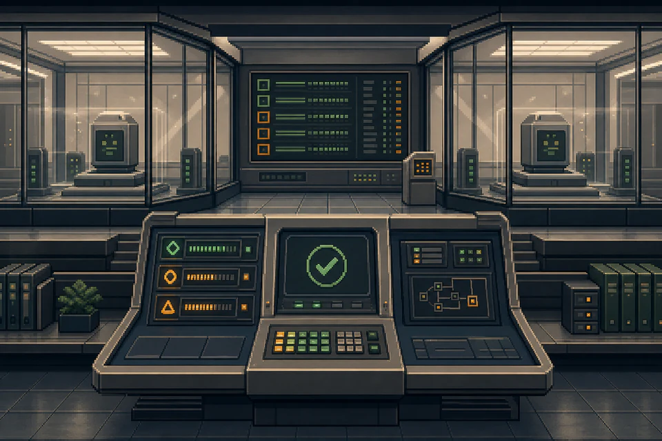 A retro enterprise command center with visible approval controls