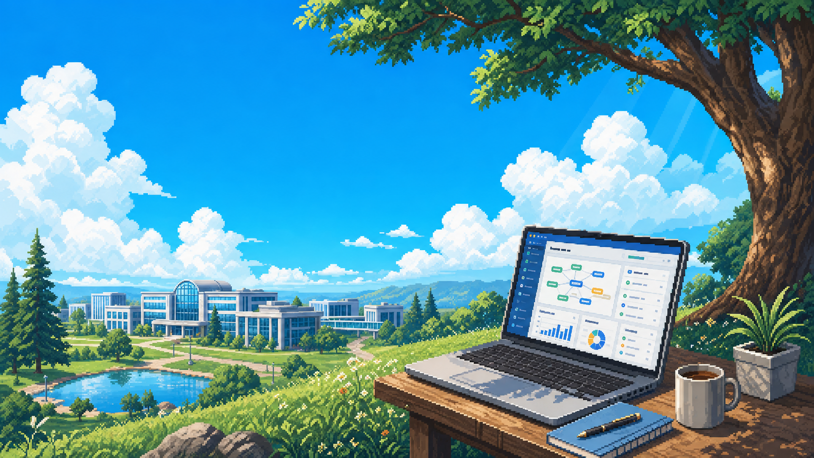 Pixel-art enterprise campus with a laptop running LeedAB OS
