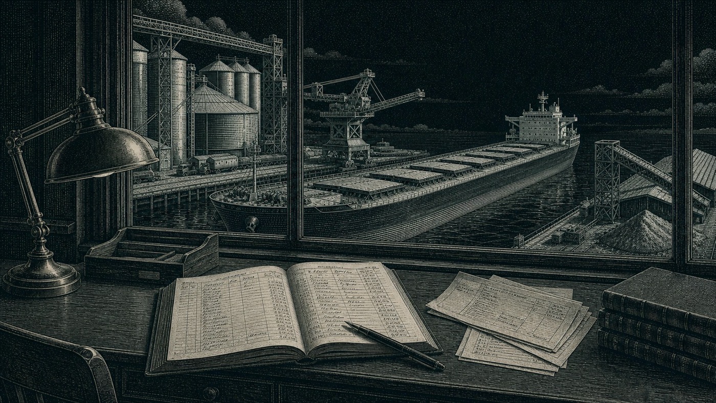 An engraved commodity operations desk overlooking a working port