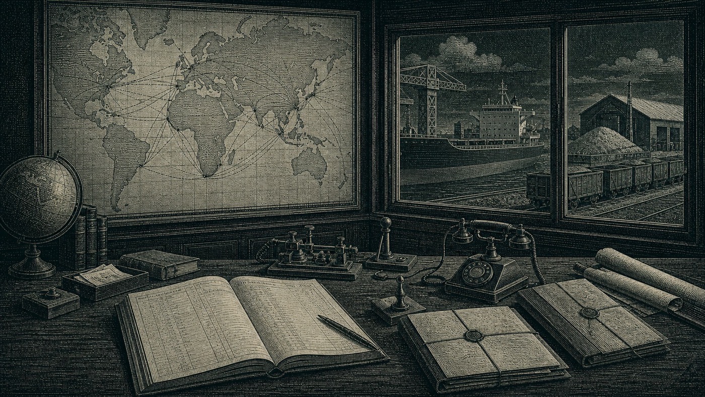 An engraved commodity operations room connecting shipping, rail, and warehouse work