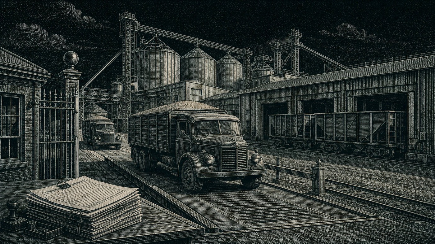 An engraved grain terminal with trucks crossing the weighbridge
