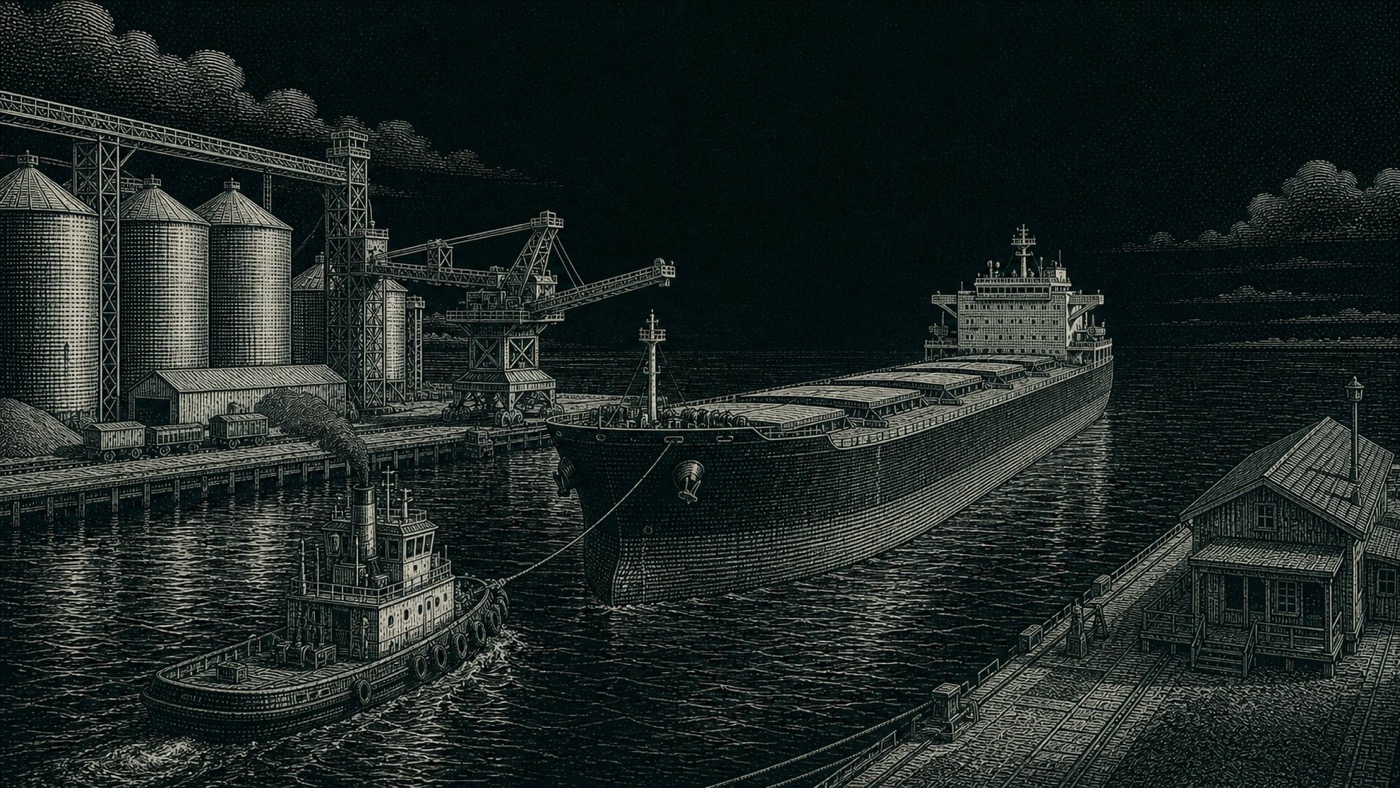 An engraved harbor tug guiding a bulk carrier toward its berth